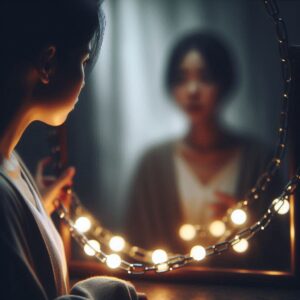 Une personne observant son reflet dans un miroir avec un regard préoccupé ou un arrière-plan flou.