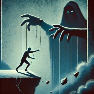 la dépendance affective. Elle représente une personne marionnette, manipulée par des fils invisibles, exprimant une détresse émotionnelle et un besoin constant d’affection. L’ambiance sombre traduit l’enfermement et la fragilité de cette dynamique.