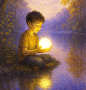 Un enfant au bord d’un lac, tenant une lumière reflétant la mémoire émotionnelle.